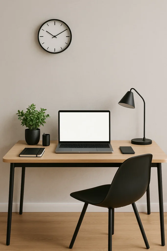 En stilren og minimalistisk arbejdsplads med en sort stol, træbord, bærbar computer, skrivebordslampe, plante, notesbog og vægur.