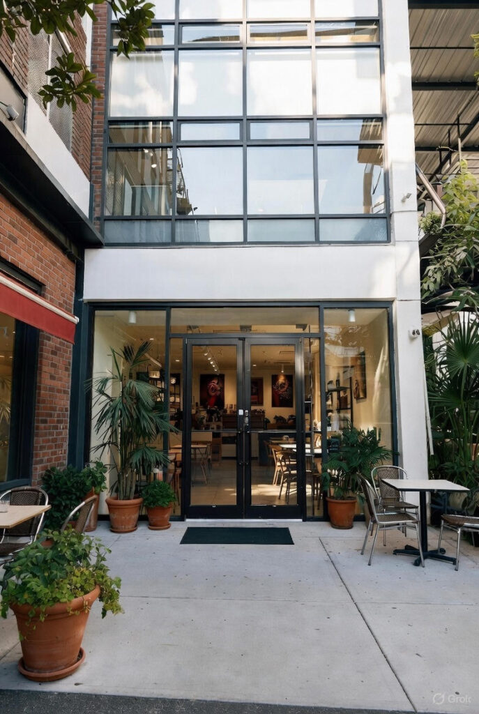 Facaden af en moderne café med store glasdøre og vinduer i sort ramme. Foran indgangen står flere store potter med grønne planter, og der er opstillet små udendørs borde og stole på fortovet.
